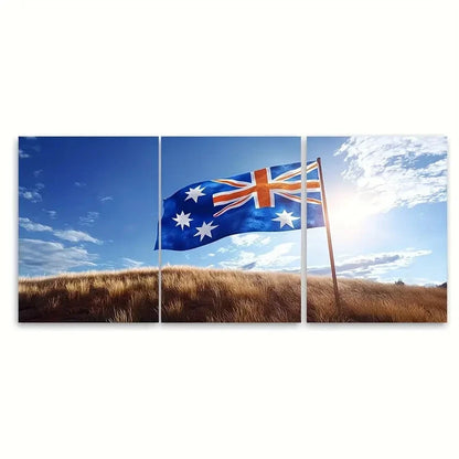 3pcs The Australian Flag Against The Sun Wall Art Set Canvas Framed 50x70cm - High Quality Print 100% Australian Made Wall Canvas Ready to Hang