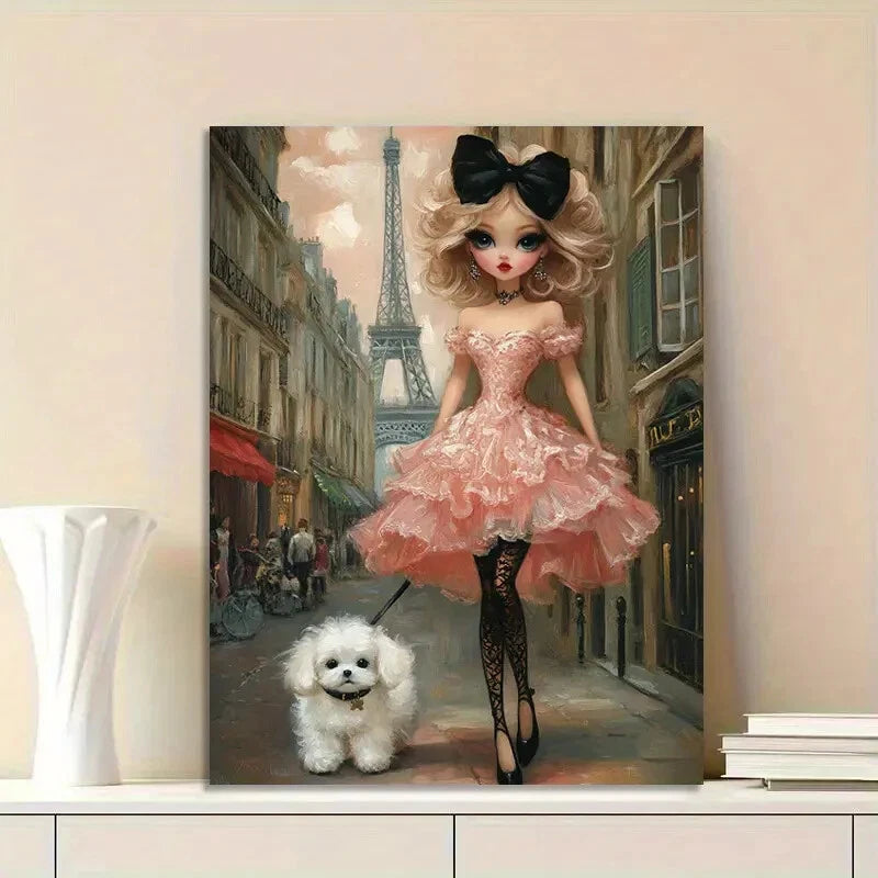 Beautiful Doll with Big Eyes, Wearing Shoulder Pink 40x60cm Metal Print Ready to Hang