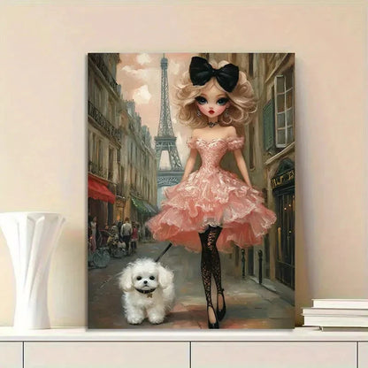 Beautiful Doll with Big Eyes, Wearing Shoulder Pink 40x60cm Metal Print Ready to Hang
