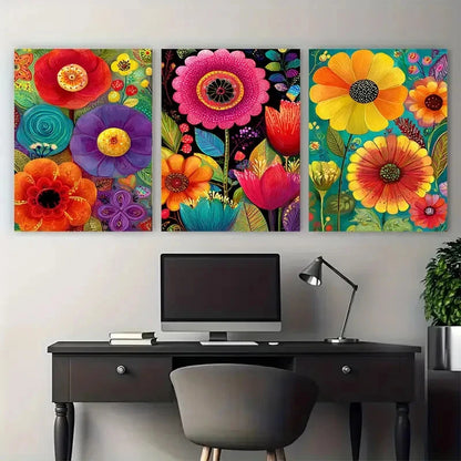 3pcs Vintage Mexican Floral Illustration Wall Art Set Canvas Framed 50x70cm - High Quality Print 100% Australian Made Wall Canvas Ready to Hang