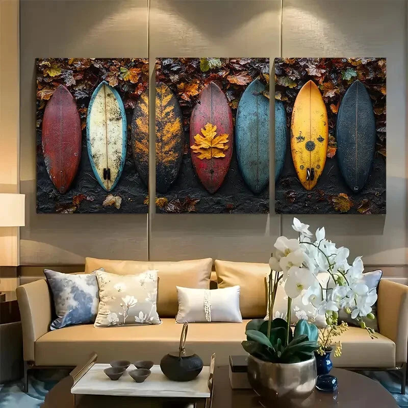 3pcs Featuring Surfboards with fall leaves Metal Print Ready to Hang Art