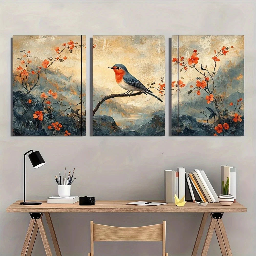 Three-panel wall art with a bird and floral design above a desk.