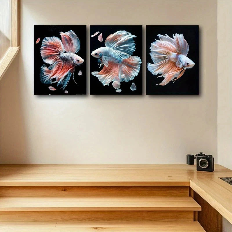 3pcs Elegant Betta Fish White & Orange Metal Print Ready to Hang Art