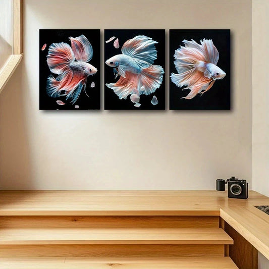 3pcs Elegant Betta Fish White & Orange Metal Print Ready to Hang Art