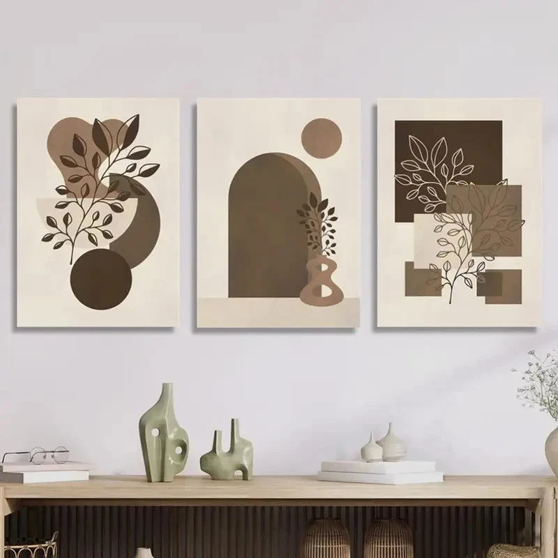 3pcs Geometric Shapes Botanical Leaves Metal Print Ready to Hang Art