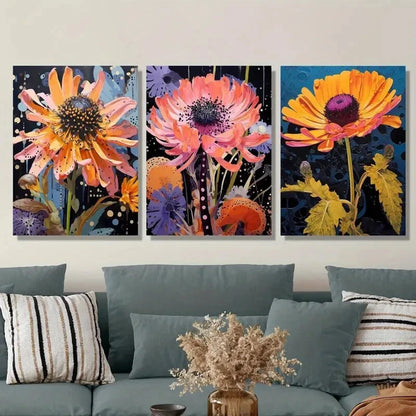 3pcs Featuring Cornflowers And Marigolds Metal Print Ready to Hang Art