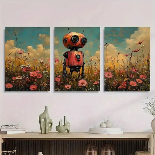3pcs Whimsical Pink Robot & Wildflowers Metal Print Ready to Hang Art