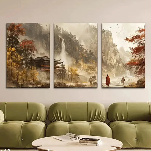 3pcs Serene Mountain & Waterfall Scenery Metal Print Ready to Hang Art