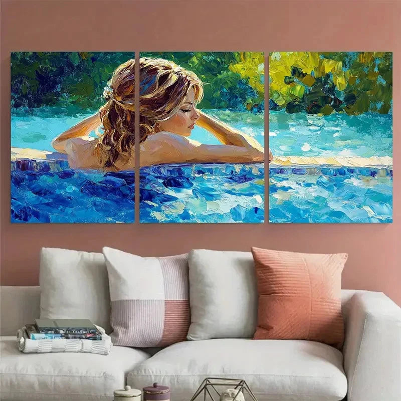 3pcs Woman by Pool Relaxing Summer Tranquility Wall Art Set Canvas Framed 50x70cm - High Quality Print 100% Australian Made Wall Canvas Ready to Hang