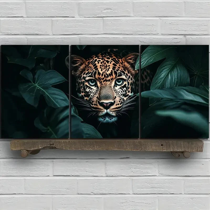 3pcs Leopard in Lush Green Leaves Metal Print Ready to Hang Art