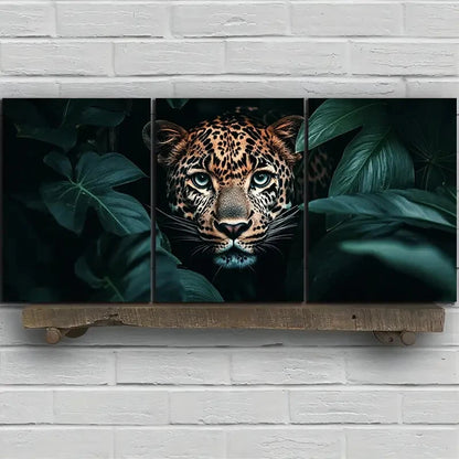 3pcs Leopard in Lush Green Leaves Metal Print Ready to Hang Art