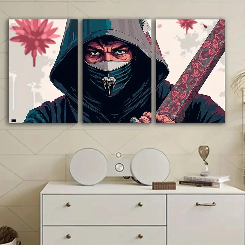 3pcs Hooded Figure With Sword And Floral Design Wall Art Set Canvas Framed 40x60cm - High Quality Print 100% Australian Made Wall Canvas Ready to Hang