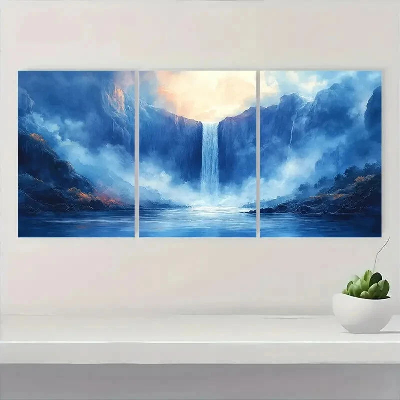 3pcs Vibrant Blue & Golden Sunset Landscape Metal Print Ready to Hang Art