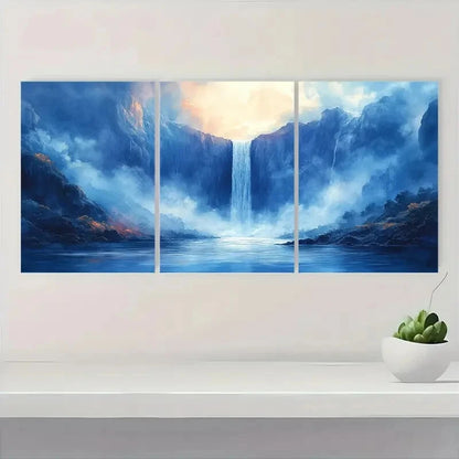 3pcs Vibrant Blue & Golden Sunset Landscape Metal Print Ready to Hang Art