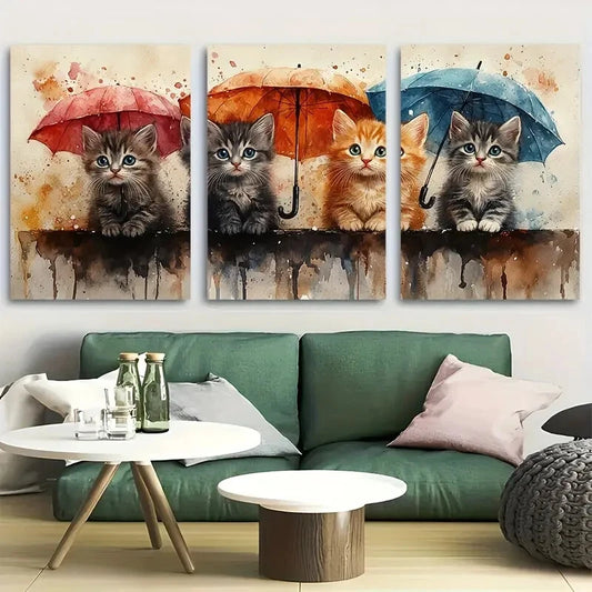 3pcs Whimsical Kittens with Umbrella Funny Metal Print Ready to Hang Art
