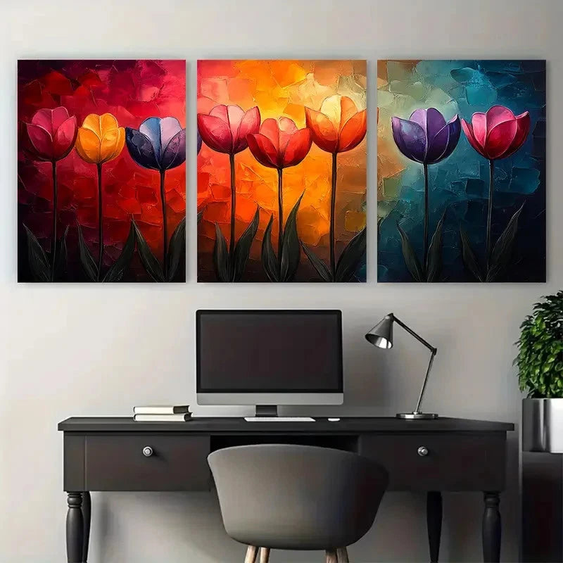 3pcs Colorful Abstract Glass Tulips Design Metal Print Ready to Hang Art