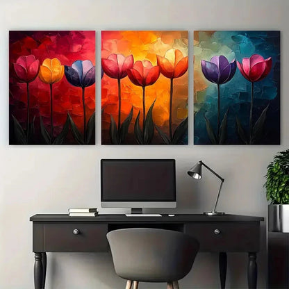 3pcs Colorful Abstract Glass Tulips Design Metal Print Ready to Hang Art