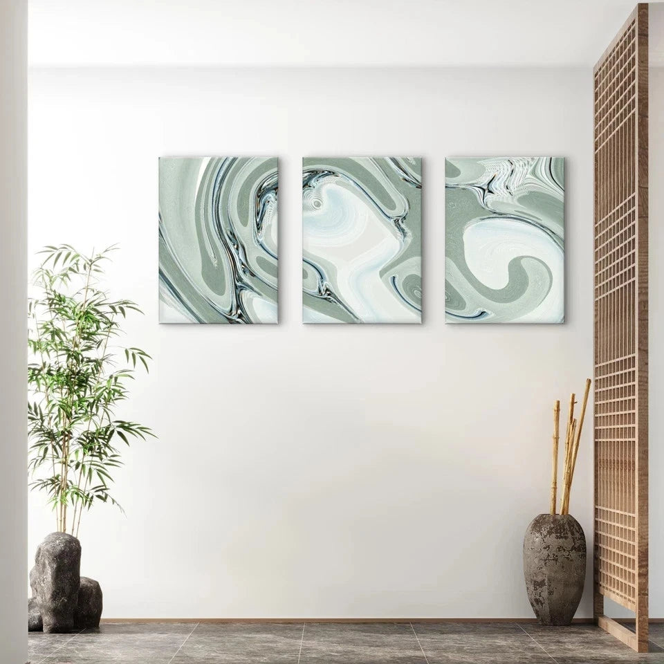 3pcs Modern Abstract Sage Green and White Fluid Wall Art Set Canvas Framed 40x60cm - High Quality Print 100% Australian Made Wall Canvas Ready to Hang