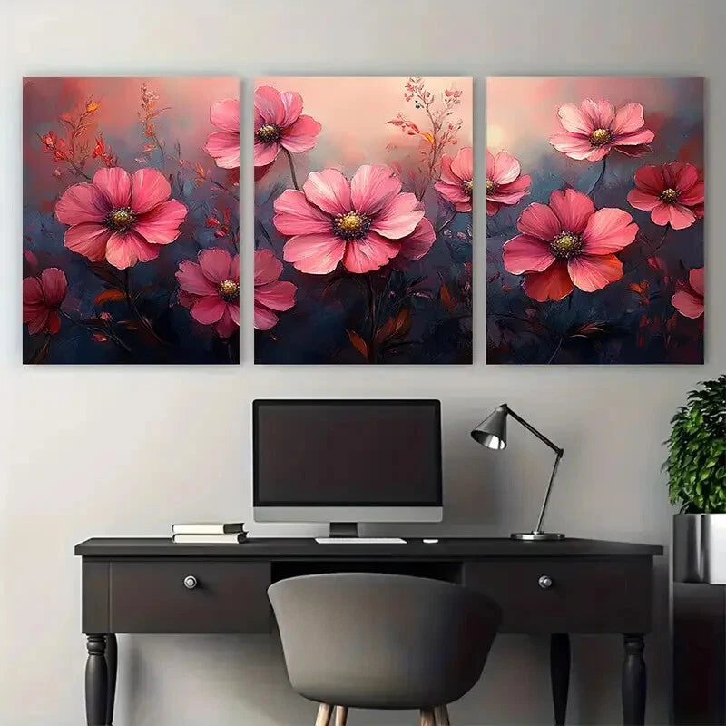 3pcs Elegant Pink Cosmos Watercolor Floral Metal Print Ready to Hang Art