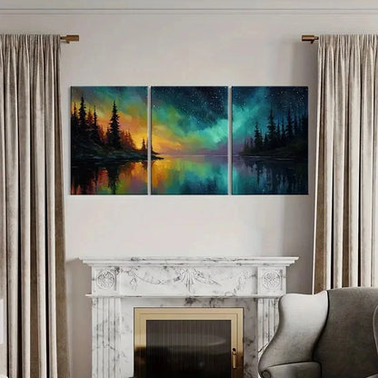 3pcs Northern Lights Forest Reflection Lake Night Metal Print Ready to Hang Art