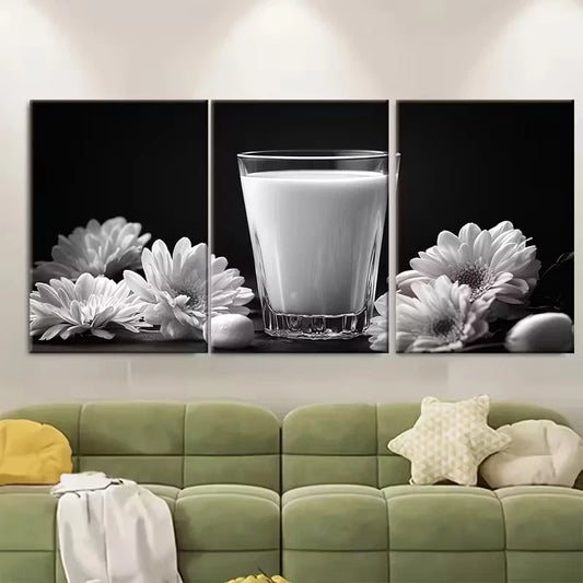 3pcs Black and White Minimalist Glass of Milk Metal Print Ready to Hang Art