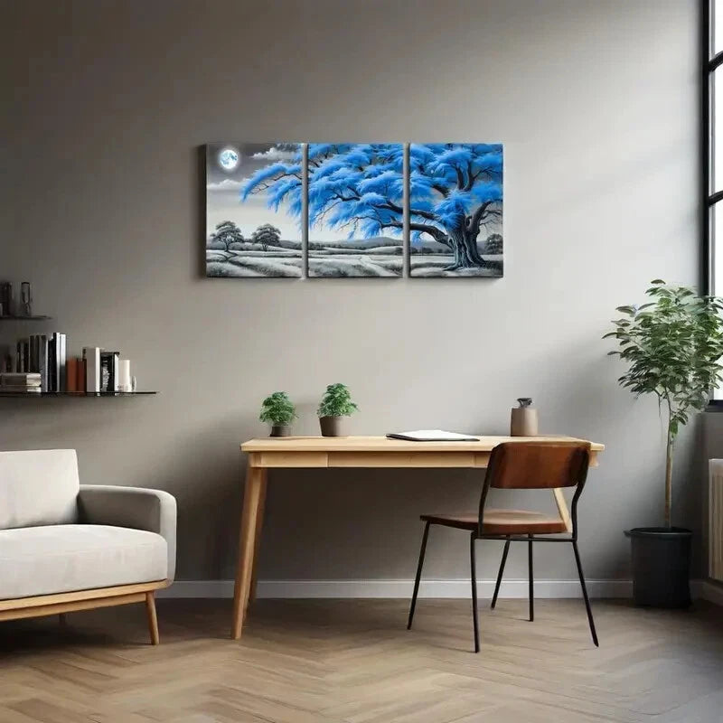 3pcs Black And White Blue Tree Moon Metal Print Ready to Hang Art
