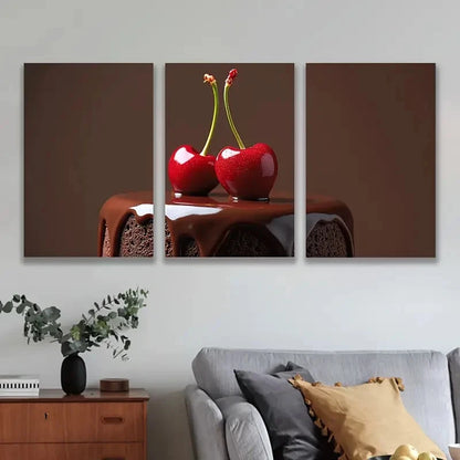 3pcs Chocolate Cake And Cherries Art Wall Art Set Canvas Framed 40x60cm - High Quality Print 100% Australian Made Wall Canvas Ready to Hang