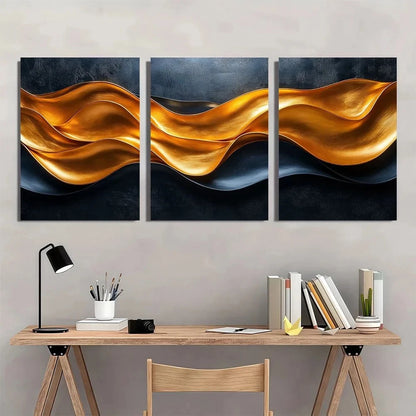 3pcs Modern Golden Wavy Lines Black Golden Metal Print Ready to Hang Art