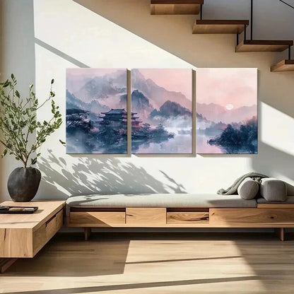 3pcs Chinese Traditional Architecture Landscape Wall Art Set Canvas Framed 40x60cm - High Quality Print 100% Australian Made Wall Canvas Ready to Hang