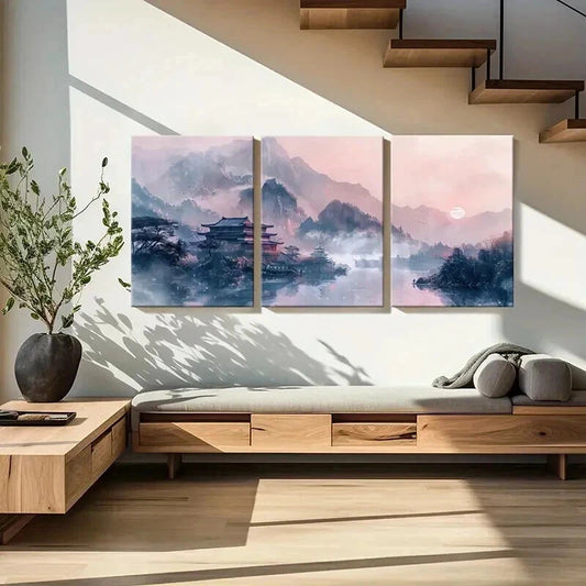 3pcs Chinese Traditional Architecture Landscape Wall Art Set Canvas Framed 40x60cm - High Quality Print 100% Australian Made Wall Canvas Ready to Hang