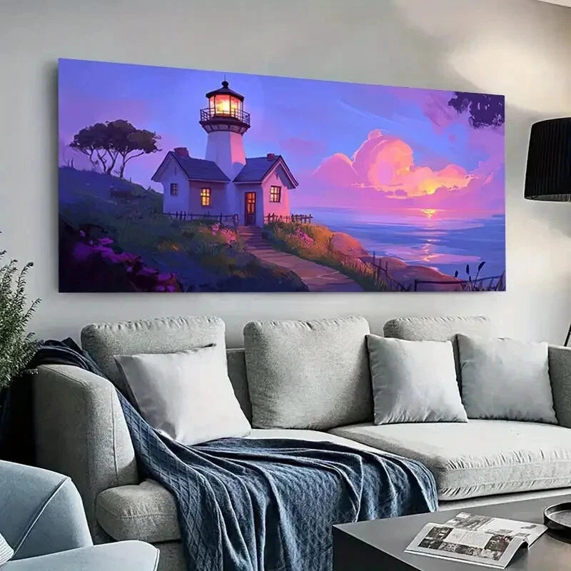 Vibrant Sunset Lighthouse wall canvas office home room framed 120x60cm - Bella Home Decor