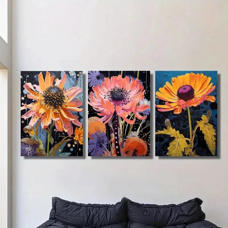 3pcs Featuring Cornflowers And Marigolds Metal Print Ready to Hang Art