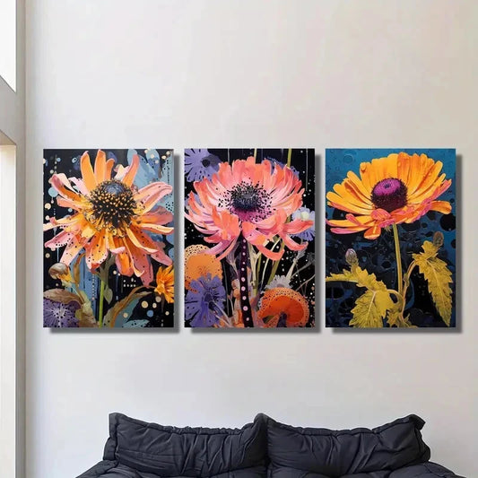 3pcs Featuring Cornflowers And Marigolds Metal Print Ready to Hang Art