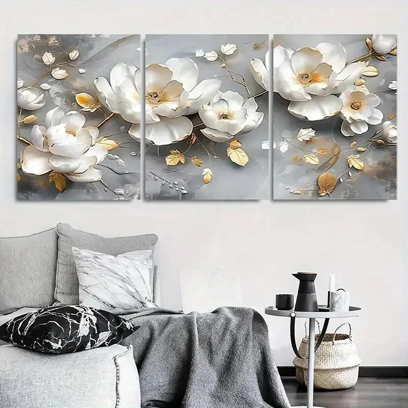 3pcs Elegant White and Golden Floral Metal Print Ready to Hang Art