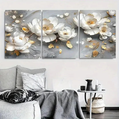 3pcs Elegant White and Golden Floral Metal Print Ready to Hang Art