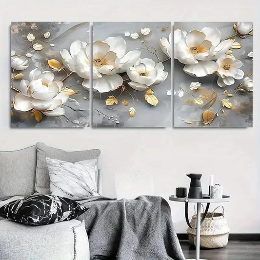 3pcs Elegant White and Golden Floral Metal Print Ready to Hang Art