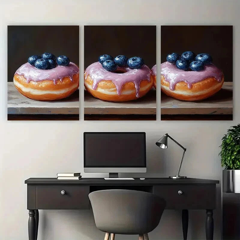 3pcs Donut with Blueberry Food Kitchen Metal Print Ready to Hang Art