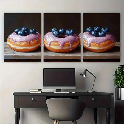 3pcs Donut with Blueberry Food Kitchen Metal Print Ready to Hang Art