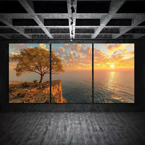 3pcs Sun Setting Over An Ocean with Trees Canvas Framed 60x90cm - High Quality Print 100% Australian Made Wall Canvas Ready to Hang