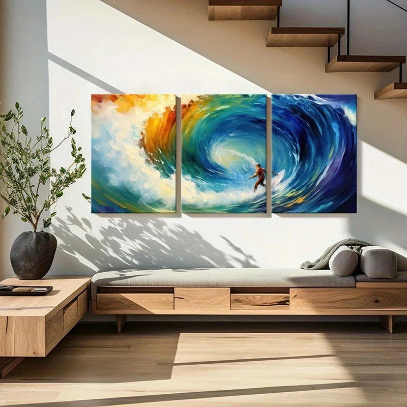 3pcs Surfing Wave Ocean Sunlight Adventure Metal Print Ready to Hang Art