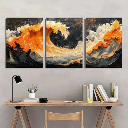 3pcs Black Orange Ceramic Embellishment Wall Art Set Canvas Framed 40x60cm - High Quality Print 100% Australian Made Wall Canvas Ready to Hang