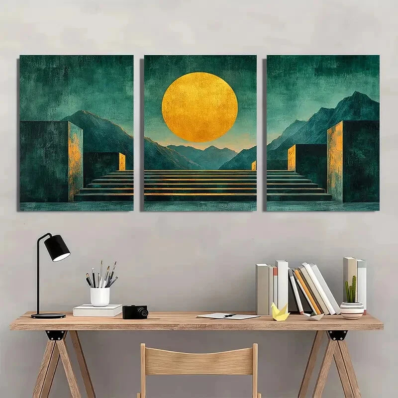 3pcs Minimalist Blue Green Abstract Geometric Metal Print Ready to Hang Art