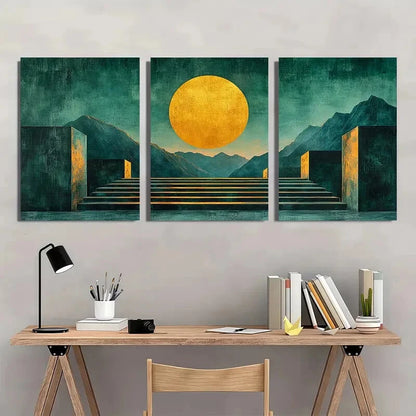 3pcs Minimalist Blue Green Abstract Geometric Metal Print Ready to Hang Art