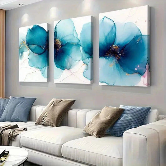 3pcs Abstract Blue Floral Watercolor Flower Wall Art Set Canvas Framed 60x90cm - High Quality Print 100% Australian Made Wall Canvas Ready to Hang