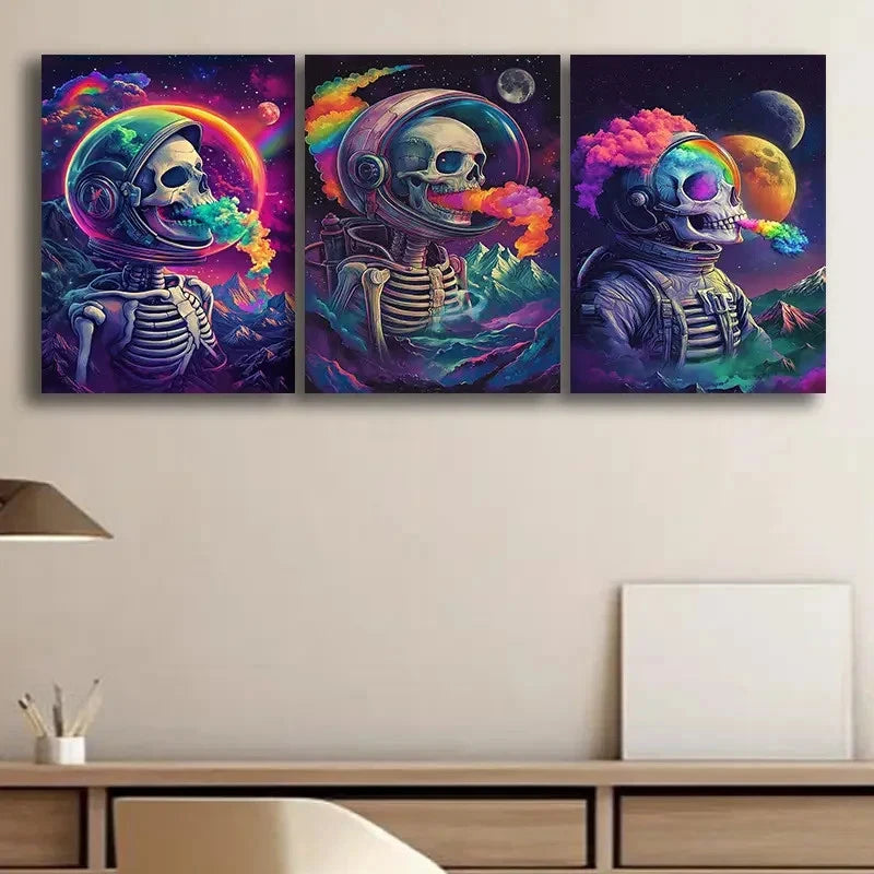 3pcs Astronaut Skull Space Art Wall Art Set Canvas Framed 50x70cm - High Quality Print 100% Australian Made Wall Canvas Ready to Hang