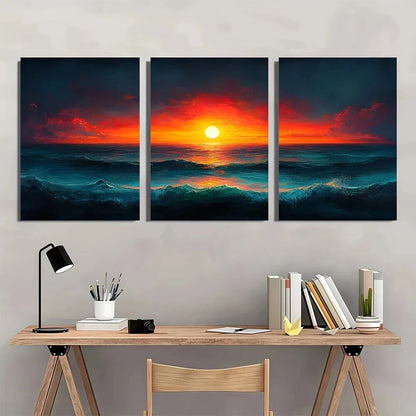 3pcs Boho Sunset Ocean Waves & Starry Sky Metal Print Ready to Hang Art