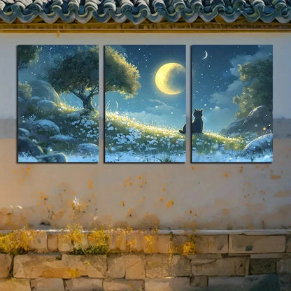 3pcs Cat on The Field Under The Moon Night Design Metal Print Ready to Hang Art