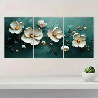 3pcs Abstract White Floral Oil Painting Metal Print Ready to Hang Art