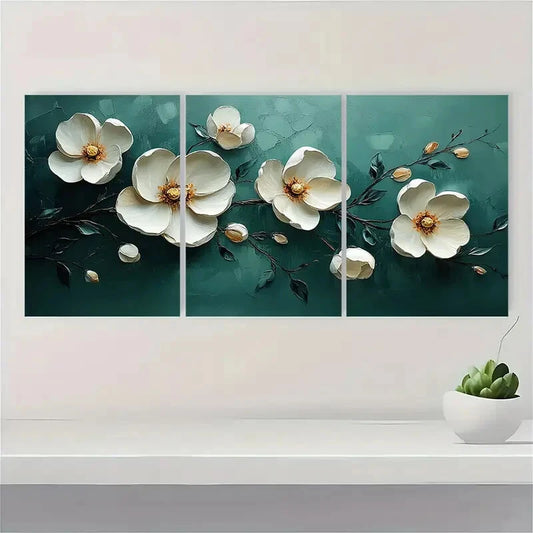 3pcs Abstract White Floral Oil Painting Metal Print Ready to Hang Art