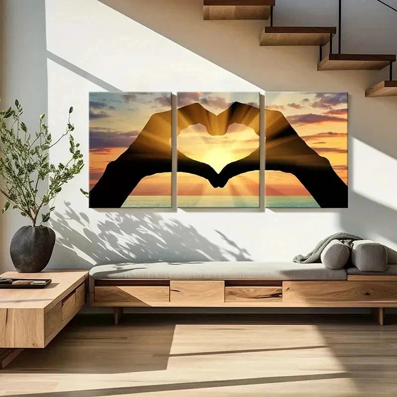 3pcs Hands Forming a Heart with Sunset Wall Art Set Canvas Framed 40x60cm - High Quality Print 100% Australian Made Wall Canvas Ready to Hang